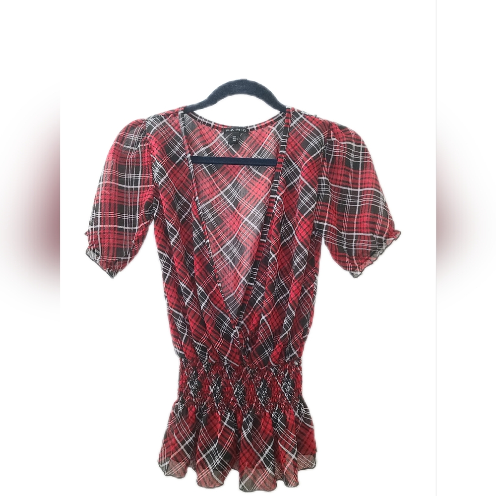 Women's Fang Plaid Open Front Ruffled Blouse